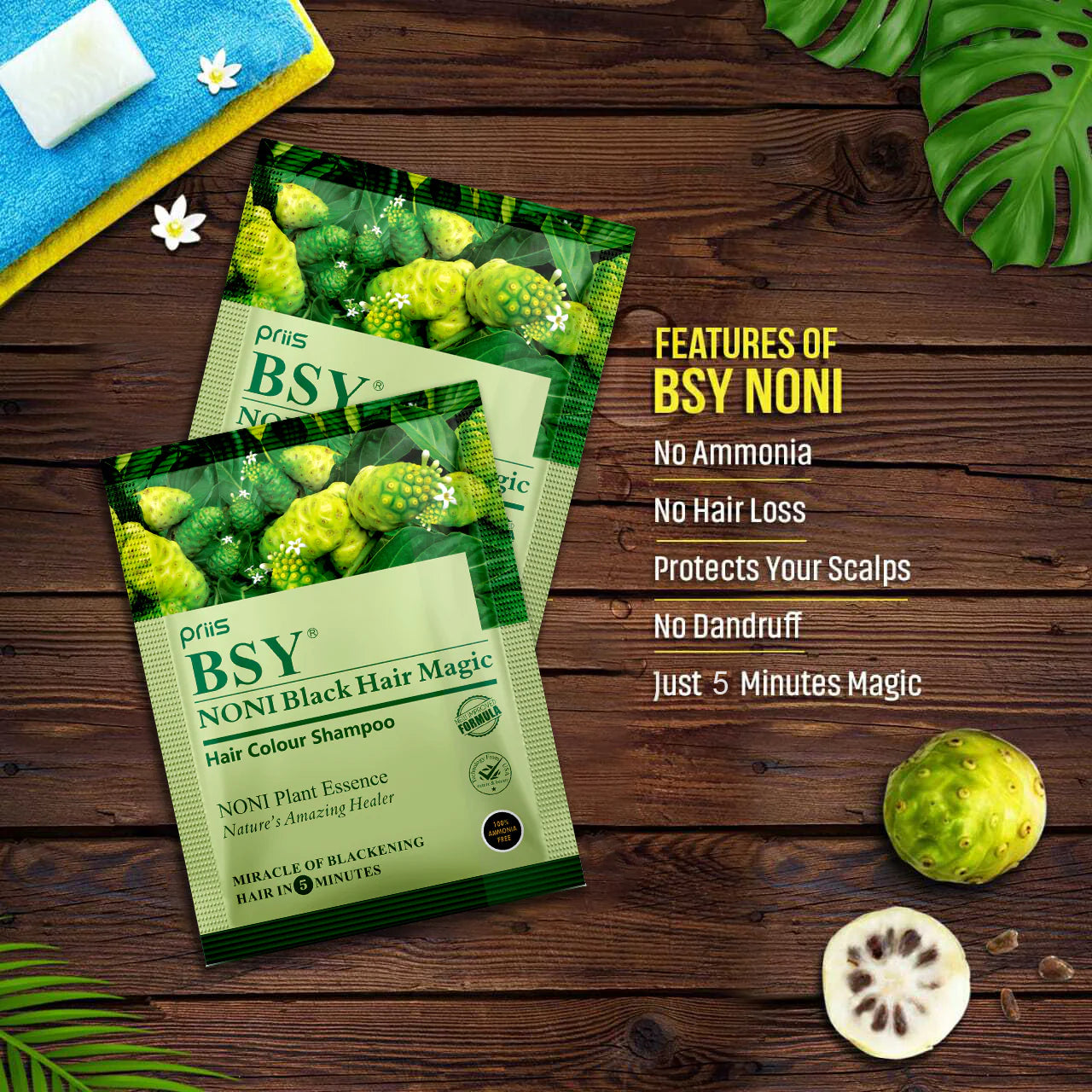 BSY Noni Hair Colour Shampoo 20ml (Natural Black Colour) (20ml X 6)