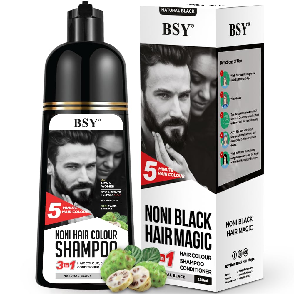 BSY Noni Natural Black Hair color shampoo - 180ml - Pump Pack