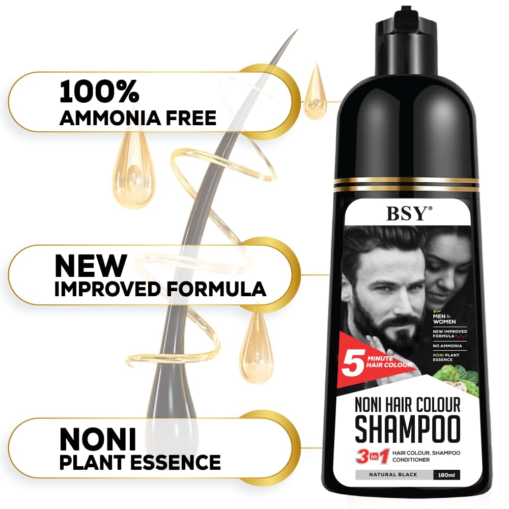 BSY Noni Natural Black Hair color shampoo - 180ml - Pump Pack
