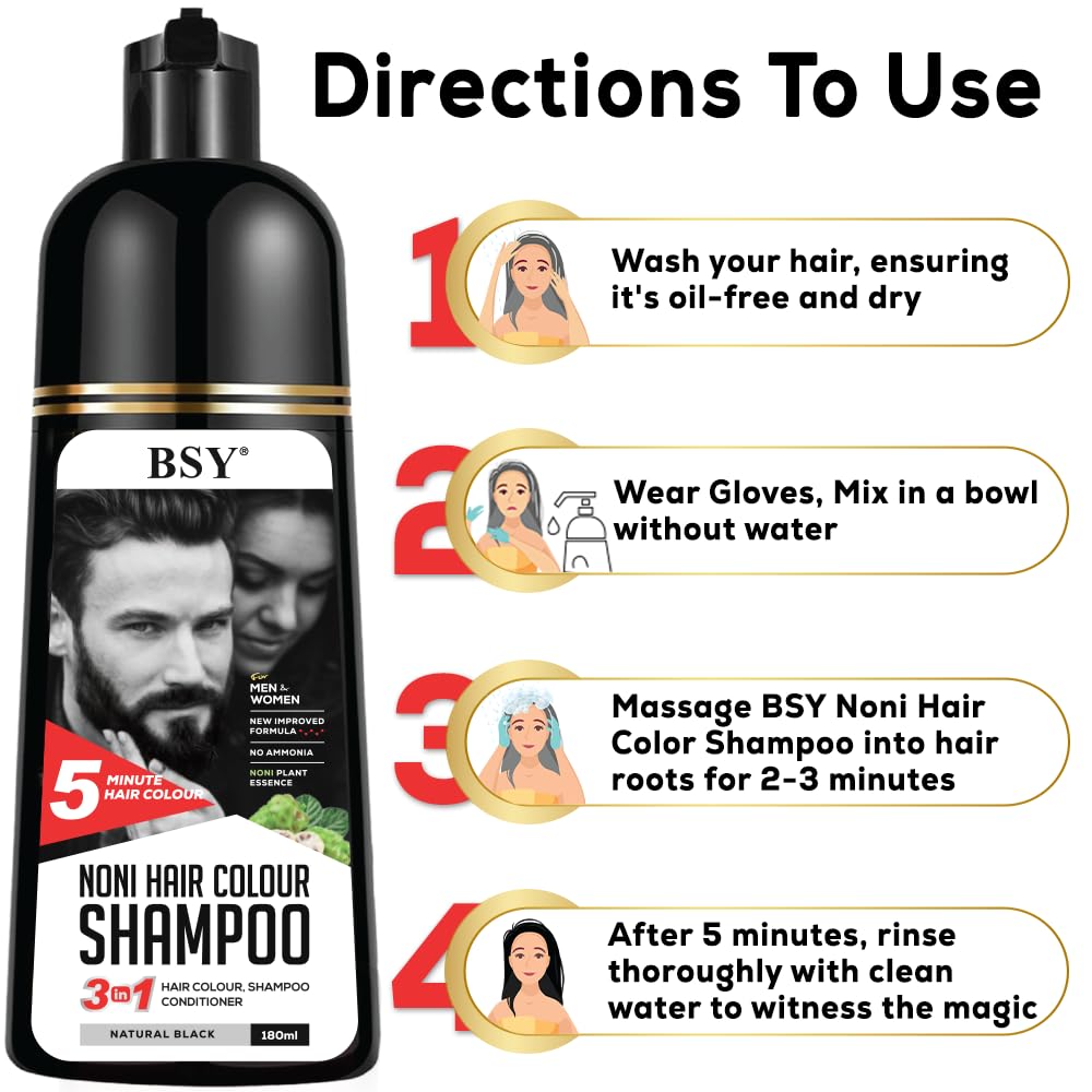 BSY Noni Natural Black Hair color shampoo - 180ml - Pump Pack