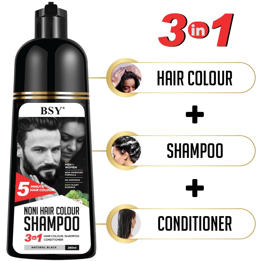 BSY Noni Natural Black Hair color shampoo - 180ml - Pump Pack