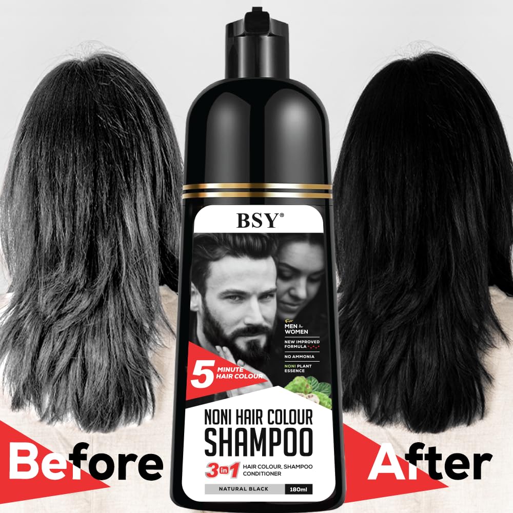 BSY Noni Natural Black Hair color shampoo - 180ml - Pump Pack