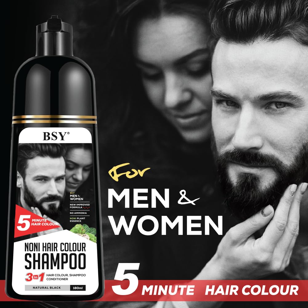 BSY Noni Natural Black Hair color shampoo - 180ml - Pump Pack